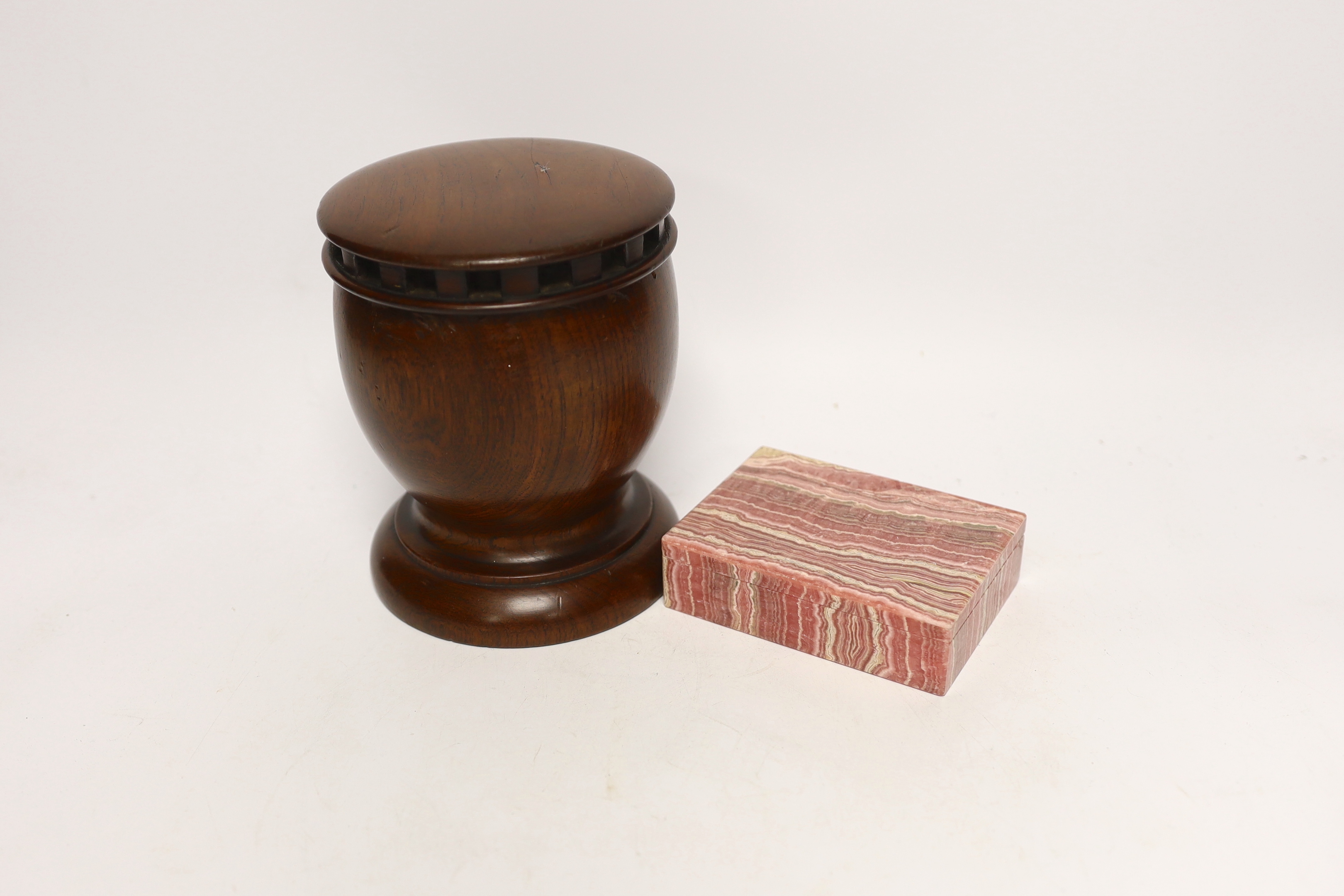 A Victorian oak tobacco box and rhodochrosite cigarette box, tallest 16cm